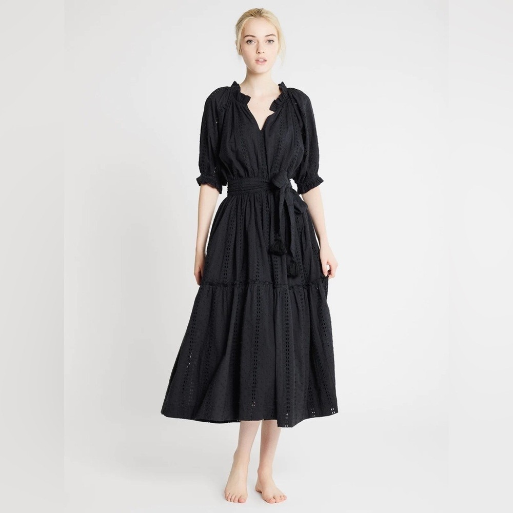 Mille Zoe Eyelet Midi Dress Women XL Black V-Neck Puff Sleeve Tiered Cotton